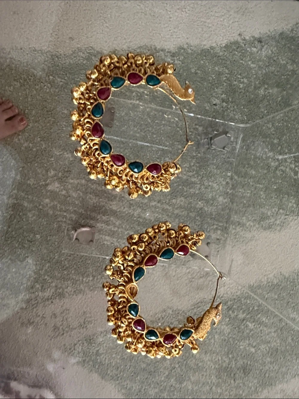 Gold-Tone Hoop Earrings with Red & Green Stone Accents missing stone